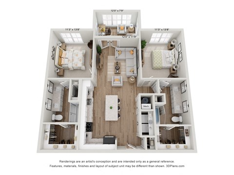 Floor plan for 2 beds, 2 baths, 1277 sqft